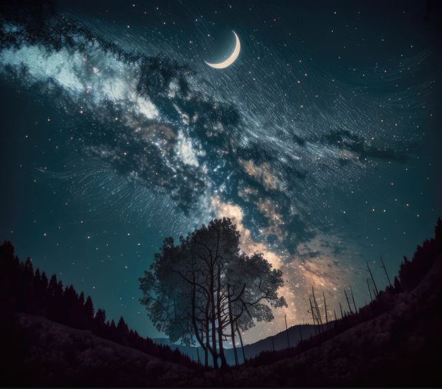 The image shows a serene night sky filled with countless stars, where the Milky Way and a crescent moon beautifully illuminate above silhouette trees. Ideal for nature and astronomy-themed projects, including wallpapers, backgrounds for websites, educational materials about astronomy, or mood-setting artworks in home decor and offices. This inspiring depiction of the cosmos conveys tranquility and the vast beauty of the universe.