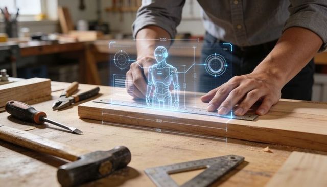 Woodworker using augmented reality hologram and ruler for precision measuring in workshop