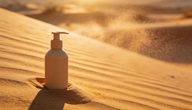 Minimal white pump bottle sinking into golden sand dunes at sunset for skincare branding