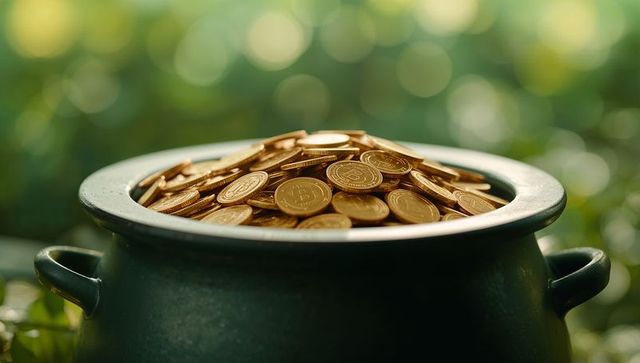 Overflowing pot of gold cryptocurrency coins on garden bokeh background representing wealth