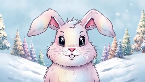 Pastel Bunny Waking in Snowy Grove with Falling Snowflakes and Twitching Ears
