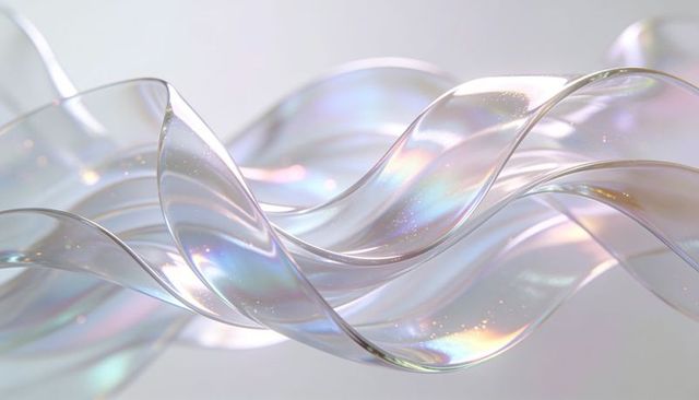 Floating iridescent ribbons twisting into pearlescent glassy waves with pastel shimmer and glitter