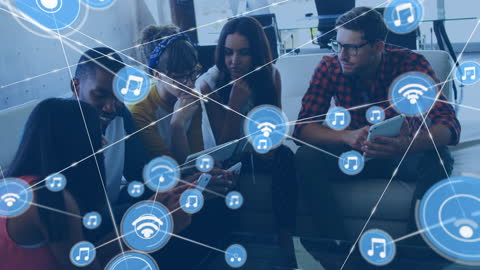 Diverse Team Collaborating with Devices and Digital Network Icons