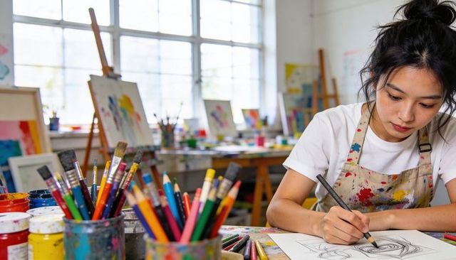 Young asian artist sketching portrait in bright art studio surrounded by brushes