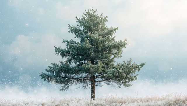 Solitary evergreen standing in snowy meadow with falling snow and misty winter light
