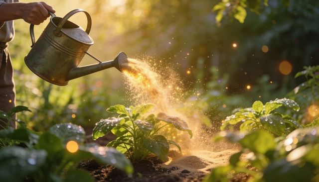 Watering seedlings with vintage metal watering can in golden-hour backlit garden