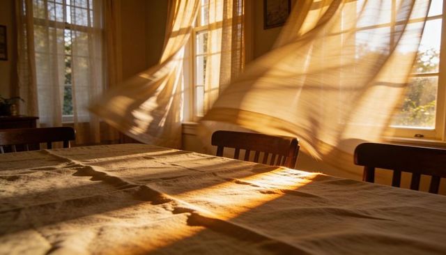 Sunlight streaming through sheer curtains over linen-covered wooden dining table