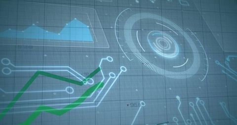 Futuristic hud displaying circular radar and green line chart on digital grid interface