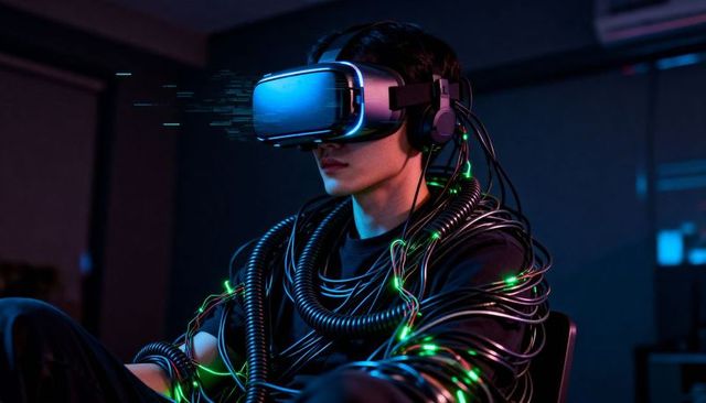 Sitting gamer wearing vr headset and headphones wrapped in glowing cyberpunk cables