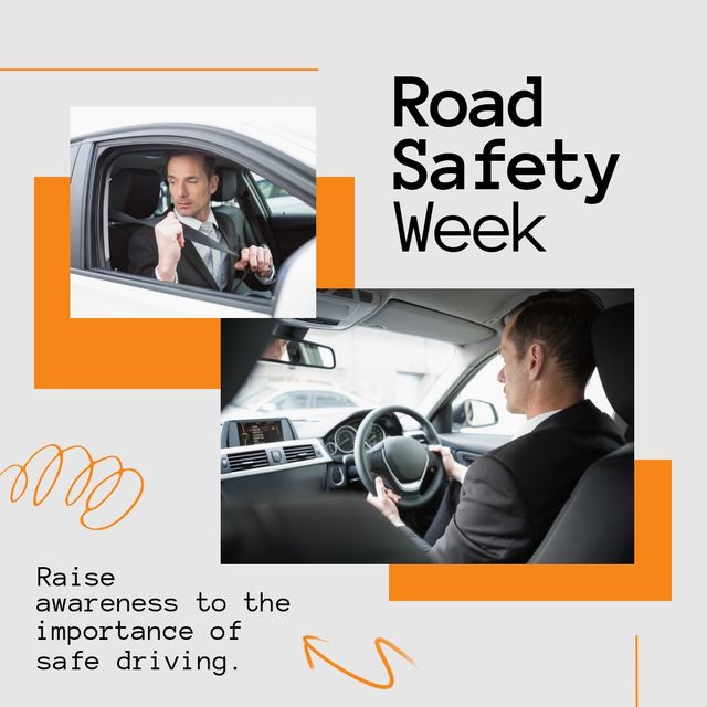 Collage of caucasian man wearing seatbelt and driving car and road safety week text. Raise awareness to the importance of safe driving, composite, transport, accident, campaign, support, protection.