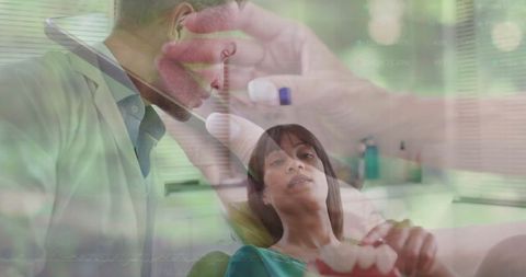 Dentist with Patient Examing Oral Health in Dental Clinic, X-ray Overlay