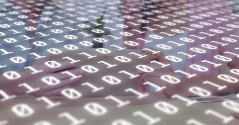 Business hands clasping over contract with floating binary code, teamwork concept