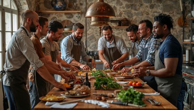 Men cooking together in rustic kitchen workshop preparing communal meal