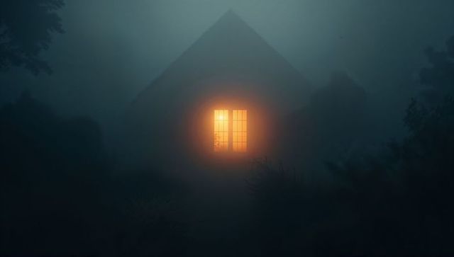Tranquil Glowing Window in Misty Forest Clearing