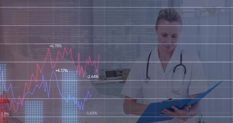 Healthcare Analytics with Female Doctor Reviewing Data