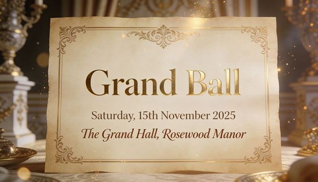 Displaying grand ball invitation on ornate parchment with gold embossing and candlelight