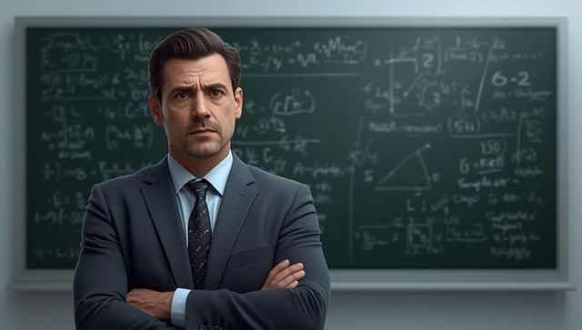 Confident Math Teacher Standing Before Formula-Studded Chalkboard