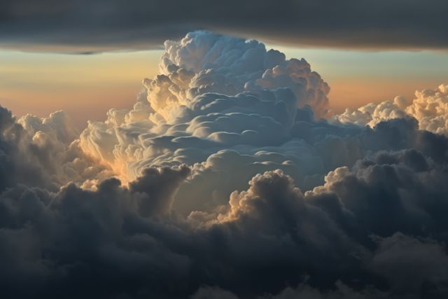 This image captures a stunning cloudscape at sunrise with towering cumulus clouds illuminated by the inflowing sunlight. The dramatic sky and vibrant colors exude a sense of awe and tranquility, making it ideal for nature-themed projects, weather forecasts, motivational posters, and relaxing wallpapers.
