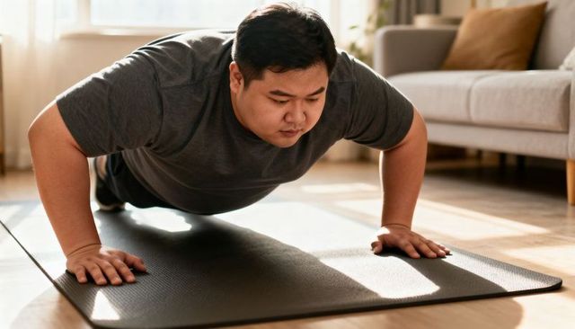Adult asian man performing push-ups on black mat in sunlit living room