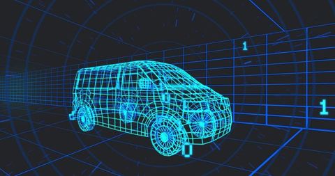 Floating Neon Wireframe Van Inside Futuristic 3D Grid HUD Automotive Prototype Concept