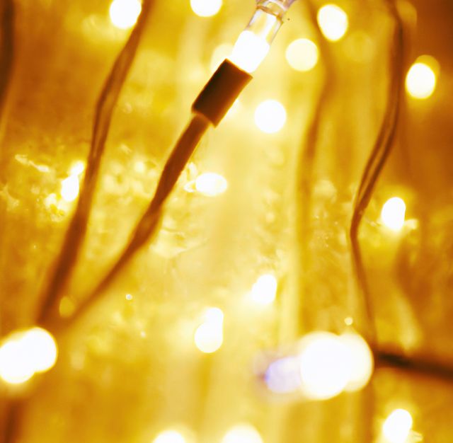 Close up of christmas fairy lights on yellow background. Christmas, light, pattern and wallpaper concept.