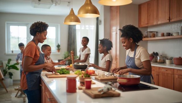 Black family cooking together at farmhouse kitchen island chopping vegetables meal prep