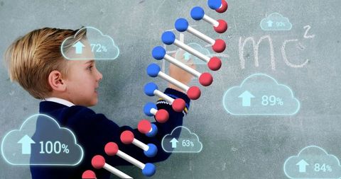 Schoolboy with DNA Strand and Data Clouds in Science Classroom