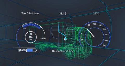 This visual represents a futuristic speedometer user interface overlaying a 3D model of a truck. The digital display shows various metrics such as speed, distance, battery level, and destination information. It highlights advanced aspects of automobile technology, focusing on modern user interfaces and vehicle telematics. Useful for illustrating concepts related to automotive engineering, future tech, or digital theory in transportation designs. Ideal for brochures, presentations, or articles on technological advancements in the automotive industry.