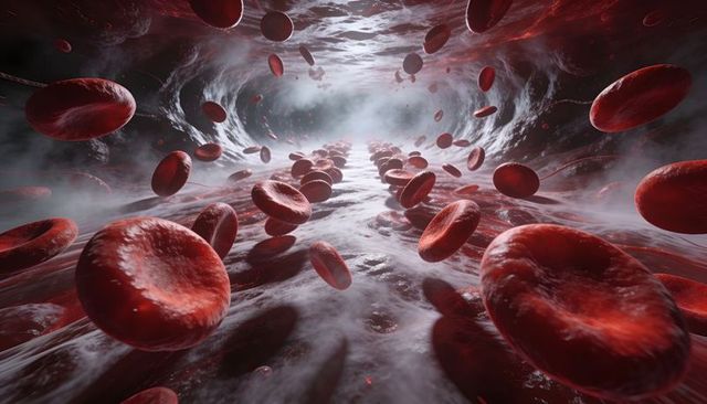 Gliding red blood cells flowing through microvessel lumen toward light with plasma mist
