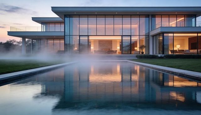 Modern two-story glass mansion glowing at dusk with reflecting pool and low mist