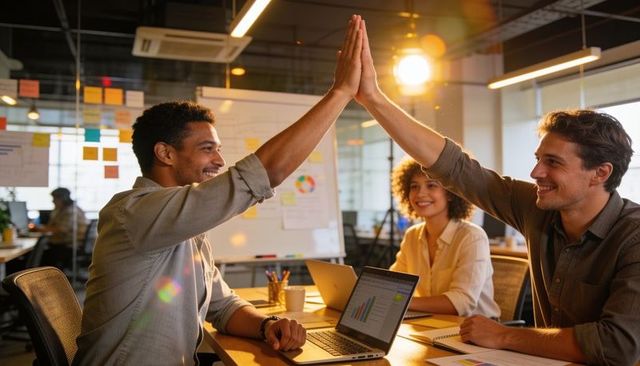 Diverse team high-fiving after successful brainstorming session in modern open-plan office