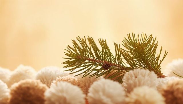 Evergreen pine twig resting on cream pom-poms with tiny cone, warm beige holiday scene