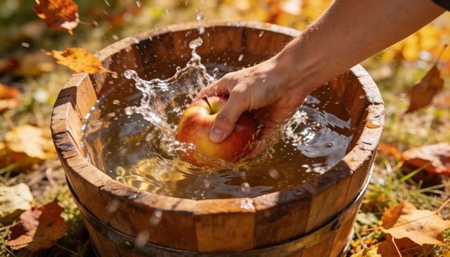 Dunking red-yellow apple in rustic wooden bucket splashing water in autumn sunlight