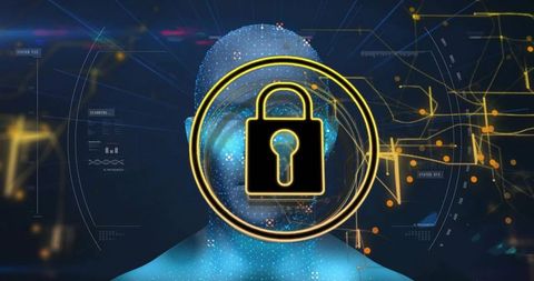 Futuristic cybersecurity biometric padlock overlay on digital human head with HUD data