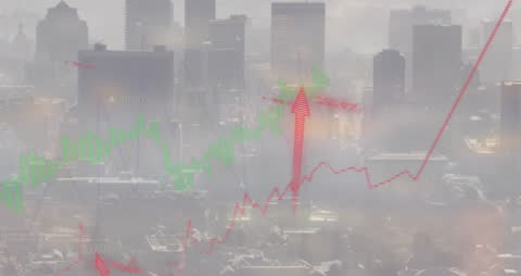 Financial Data and Cityscape Overlay Illustrating Market Trends