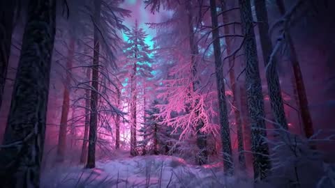 Cinematic camera pushing through neon-lit snowy pine forest clearing with magenta cyan glow