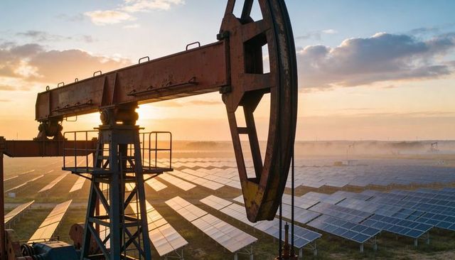 Weathered oil pumpjack overlooking solar panel farm at sunrise, energy transition contrast