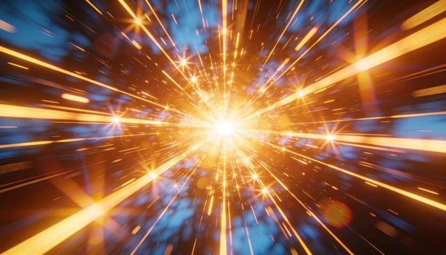 Radiating core sending orange-gold light streaks, starbursts and cosmic energy