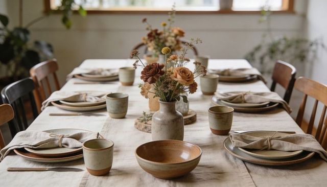 Rustic Linen Table Featuring Ceramic Dinnerware, Tied Napkins and Dried Flower Centerpiece