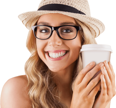 Happy Woman Smiling with Coffee Cup on Transparent Background