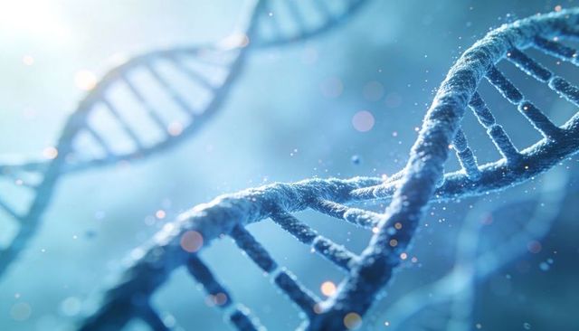 Close-up dna double helix floating in microscopic medium with glowing particles and bokeh