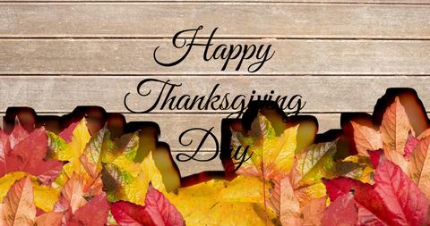 Happy Thanksgiving Day Text with Autumn Leaves on Wooden Background - Download Free Stock Images Pikwizard.com