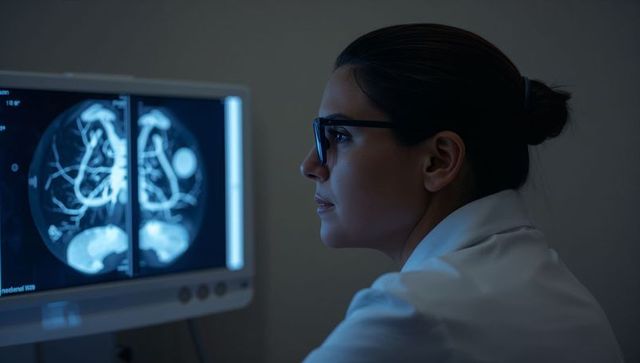 Radiologist analyzing brain mri angiography on monitor, wearing glasses and lab coat