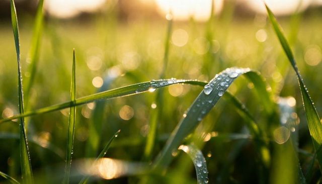 Glistening dew-covered grass blades glowing at sunrise with golden bokeh and droplets