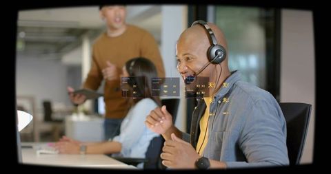 Speaking customer-support agent wearing headset gesturing in office with ar overlays