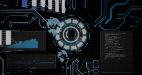 Futuristic Data Dashboard HUD with Concentric Reticle, Global Analytics Interface
