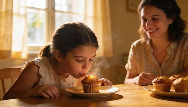 Smiling mother watching daughter blowing out cupcake candle at sunlit kitchen table