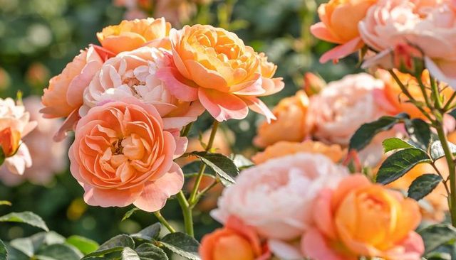 Peach-apricot roses blooming in sunlit garden bed with soft bokeh and lush foliage
