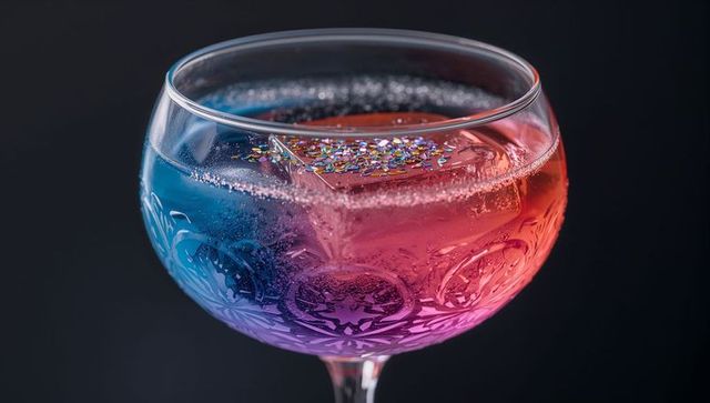 Etched coupe glass holding two-tone gradient cocktail with glitter-topped ice cube