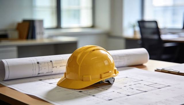 Yellow hard hat resting on architectural blueprints in modern design office